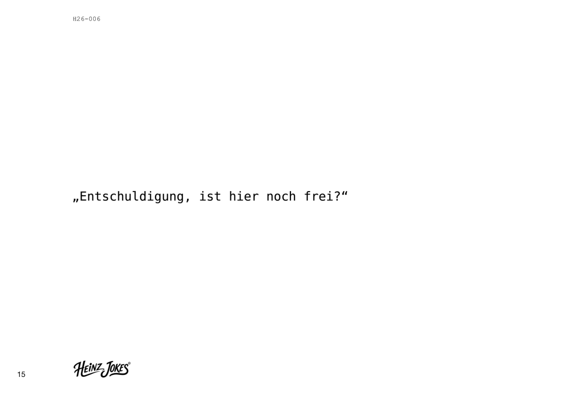 Heinz Jokes, Heft 1: H26-006 - Zug Taschen. Vollständiges Witzbeispiel, gedruckte Seiten 15 und 16. Linke Buchseite.