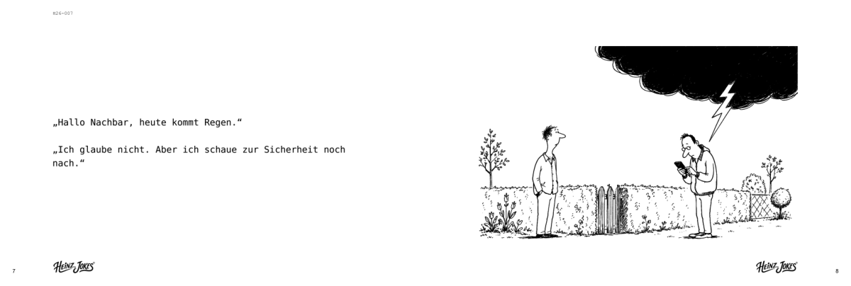 Heinz Jokes, Heft 1: H26-007 - Nachbar Regen. Vollständiges Witzbeispiel, gedruckte Seiten 7 und 8.