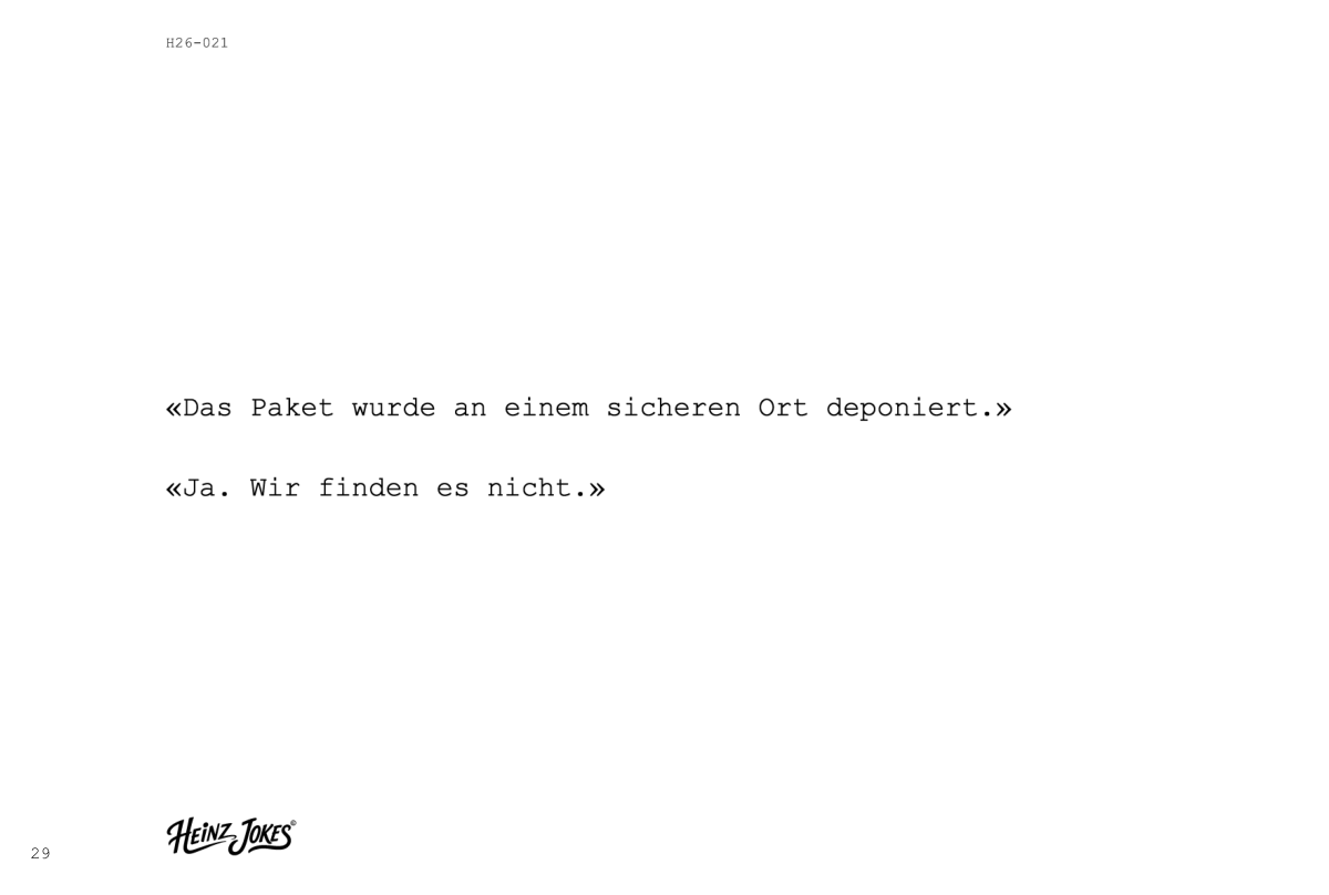 Heinz Jokes, Heft 2: H26-021 - Der Sichere Ort. Vollständiges Witzbeispiel, gedruckte Seiten 29 und 30. Linke Buchseite.